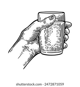 Male hand holding glass milk. Vintage black vector engraving illustration for label, poster, invitation to party. Isolated on white background