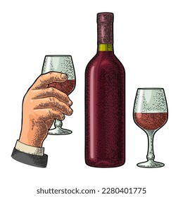 Male hand holding glass with red wine. Vintage color vector engraving illustration for label, poster, invitation to party. Isolated on white background.