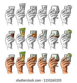 Male hand holding a glass with tequila, vodka, rum, cognac, whiskey, gin. Vintage color vector engraving illustration for label, poster, invitation to party and birthday. Isolated on white background