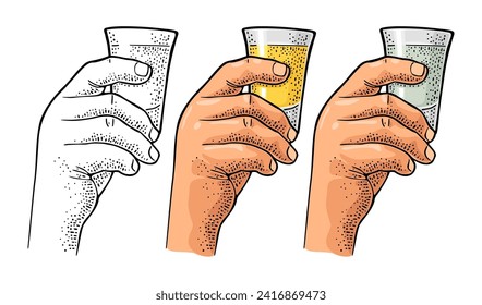 Male hand holding glass tequila. Vintage color and monochrome vector engraving illustration for label, poster, invitation to party. Isolated on white background