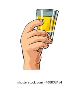 Male hand holding glass tequila. Vintage vector flat illustration for label, poster, invitation to party and birthday. Isolated on white background