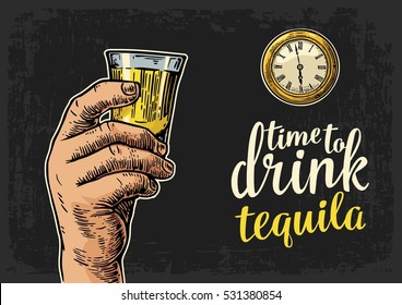 Male hand holding glass tequila and antique pocket watch. Vintage vector engraving illustration for web, poster, invitation to party. Time to Drink lettering. Isolated on dark background