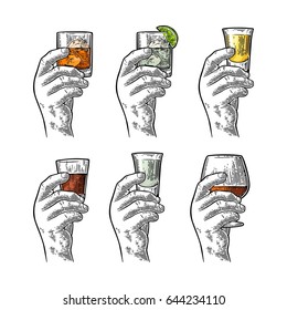 Male hand holding a glass with tequila, vodka, rum, cognac, whiskey, gin. Vintage color vector engraving illustration for label, poster, invitation to party and birthday. Isolated on white background