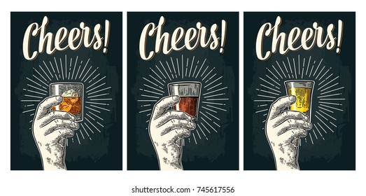 Male hand holding glass tequila, rum, whiskey with ray. Cheers calligraphy lettering. Vintage vector color and monochrome engraving illustration for invitation to party. Isolated on dark background