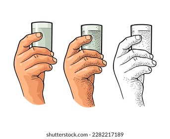 Male hand holding glass vodka. Vintage color vector engraving illustration for label, poster, invitation to party. Isolated on white background