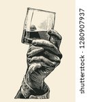 Male hand holding glass whiskey. hand drawn design element. engraving style. vector illustration