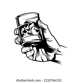 Male hand holding glass of whiskey in vintage monochrome style isolated vector illustration