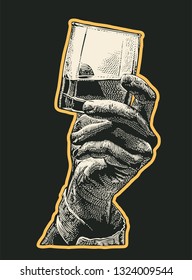 Male hand holding glass whiskey. hand drawn design element. engraving style. vector illustration