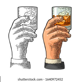 Male hand holding glass whiskey. Vintage color vector engraving illustration for label, poster, invitation to party. Isolated on white background
