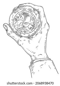 Male hand holding glass whiskey with ice cube. Top view. Vintage black vector engraving illustration isolated on white background