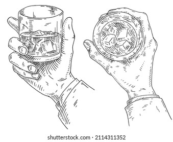 Male hand holding glass whiskey with ice cube. Top and side view. Vintage black vector engraving illustration isolated on white background