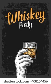 Male hand holding a glass with whiskey and ice cubes.  Vintage vector engraving illustration for label, poster, invitation to a party. 