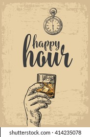 Male hand holding a glass with whiskey and ice cubes. Vintage vector engraving illustration for label, poster, menu. beige background. Happy hour.