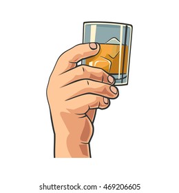 Male hand holding a glass with whiskey and ice cubes. Vintage vector flat illustration for label, poster, invitation to party and birthday. Isolated on white background