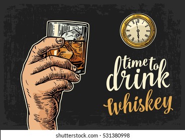 Male hand holding glass whiskey and antique pocket watch. Vintage vector engraving illustration for web, poster, invitation to party. Time to Drink lettering. Isolated on dark background