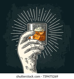 Male hand holding glass whiskey with ray. Vintage color and monochrome vector engraving illustration for label, poster, invitation to party. Isolated on dark background