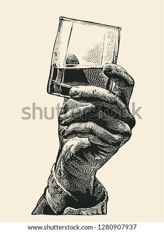 Male hand holding glass whiskey. hand drawn design element. engraving style. vector illustration