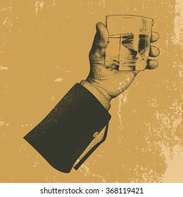 Male hand holding a glass of whisky.Vintage style.Vector illustration 