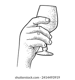 Male hand holding glass with wine. Vintage black vector engraving illustration for label, poster, invitation to party. Isolated on white background.