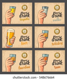 Male hand holding a glasses with alcohol drink and antique pocket watch. Vector flat illustration for poster, invitation to party. Time to Drink lettering. Isolated on beige background.