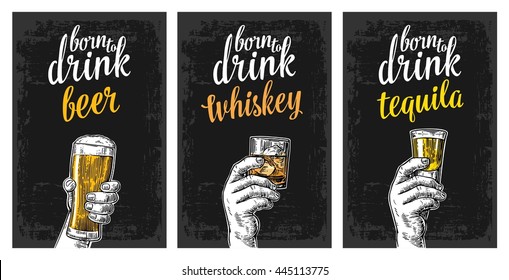 Male hand holding a glasses with beer, tequila, whiskey and ice cubes. Vintage vector engraving illustration for label, poster, invitation to party and birthday.