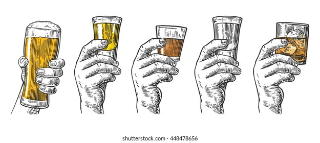 Male hand holding glasses and beer  tequila  vodka  rum  whiskey   ice cubes  Vintage vector engraving illustration for label  poster  invitation to party   birthday 