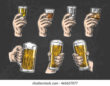 Male hand holding a glasses with beer, tequila, vodka, rum, whiskey. Vintage vector engraving illustration for label, poster, invitation to party and birthday. Isolated on dark background