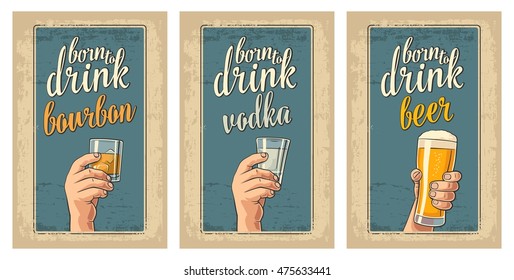 Male hand holding a glasses with beer, vodka , bourbon and ice cubes. Vintage vector flat illustration for label, poster, invitation to party and birthday.