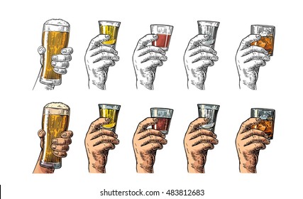 Male hand holding a glasses with beer, tequila, vodka, rum, whiskey. Vintage color vector engraving illustration for label, poster, invitation to party and birthday.