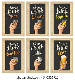 Male hand holding a glasses with beer, tequila, vodka, rum, whiskey. Vintage color vector flat illustration for label, poster, invitation to party and birthday. Isolated on dark background