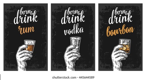 Male Hand Holding A Glasses With Vodka, Rum, Bourbon And Ice Cubes. Vintage Vector Engraving Illustration For Label, Poster, Invitation To Party And Birthday.