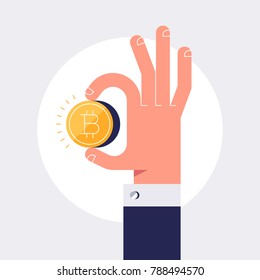 Male hand is holding golden bitcoin coin. Business concept of personal investments and savings. Modern vector illustration.