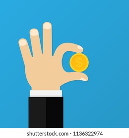 Male hand is holding golden coin. Business concept of personal investments and savings. Vector stock illustration.
