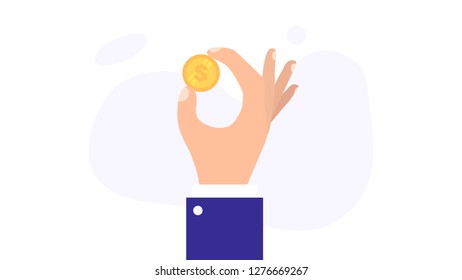 Male hand holding golden dollar coin. Business concept of personal investments and savings. Modern vector illustration.