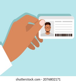 Male hand holding an identity card. Vector illustration in flat style on a blue background.