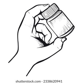 Male hand holding jar of pills medical aid healthcare pharmacy black line engraved vector illustration. Man arm fingers showing pack of tablet capsule vitamin supplement medicine treatment therapy