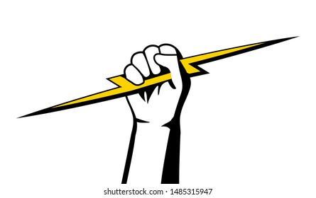 Male hand holding lighthing in vintage style on white background. Isolated vector illustration