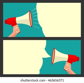 Male hand holding loudspeaker and bubble. Vector flat illustration. For horizontal banner, poster, presentation, icon, promotion and advertising concept.