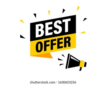 Male hand holding megaphone with best offer speech bubble. Loudspeaker. Banner for business, marketing and advertising. Vector illustration.