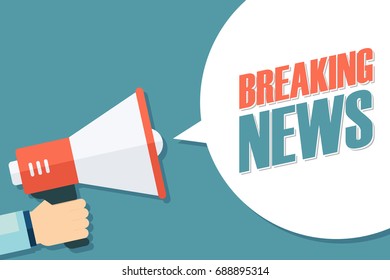 Male hand holding megaphone with Breaking News speech bubble. Loudspeaker. Vector illustration.