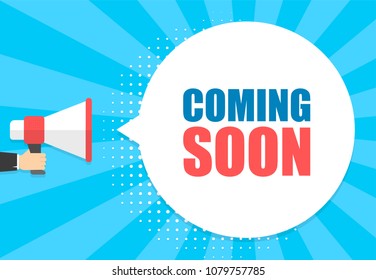 Male hand holding megaphone with coming soon speech bubble. Loudspeaker. Banner for business, marketing and advertising. Vector illustration