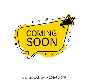 Male hand holding megaphone with Coming soon speech bubble. Loudspeaker. Banner for business, marketing and advertising. Vector illustration.
