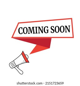 Male hand holding megaphone with Coming soon speech bubble. Loudspeaker. Banner for business, marketing and advertising. Vector illustration.