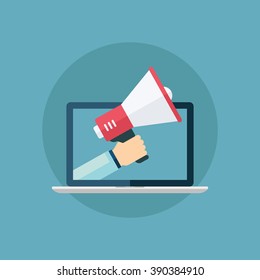 Male hand holding megaphone coming out from laptop. Concept for digital marketing, promotion and advertising. Flat design vector illustration.