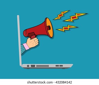 Male hand holding megaphone coming out from laptop. Concept for digital marketing, promotion and advertising. Flat design vector illustration