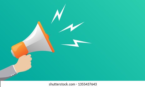 Male hand holding megaphone. Concept for social networks, promotion and advertising. Flat design vector illustration. - Shutterstock ID 1355437643