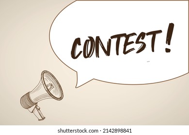 Male hand holding megaphone with contest speech bubble. Loudspeaker. Banner for business, marketing and advertising. Vector illustration