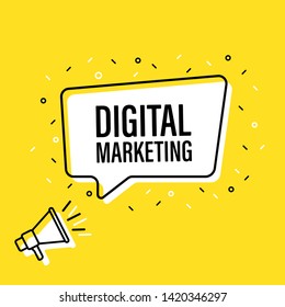 Male hand holding megaphone with digital marketing speech bubble. Loudspeaker. Banner for business, marketing and advertising. Vector illustration.