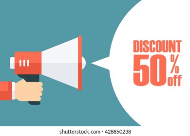 Male hand holding megaphone with discount speech bubble. Loudspeaker. Discount banner for business, promotion and advertising. Vector illustration.