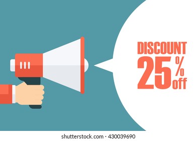 Male hand holding megaphone with discount speech bubble. Loudspeaker. Discount banner for business, promotion and advertising. Vector illustration.